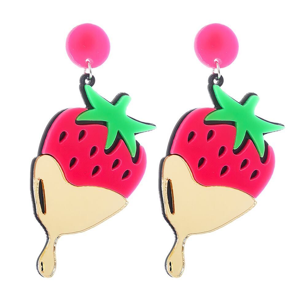 Pink Strawberry Dripping‎ Gold Acrylic Earrings Fun Statement Jewelry